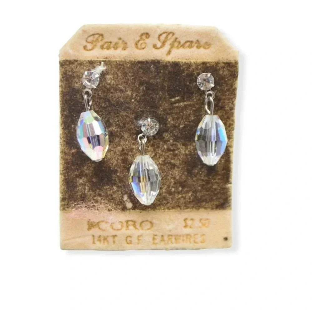 Coro Pegasus Clear Aurora Borealis Crystal 14kt Gold Filled Earrings Spare